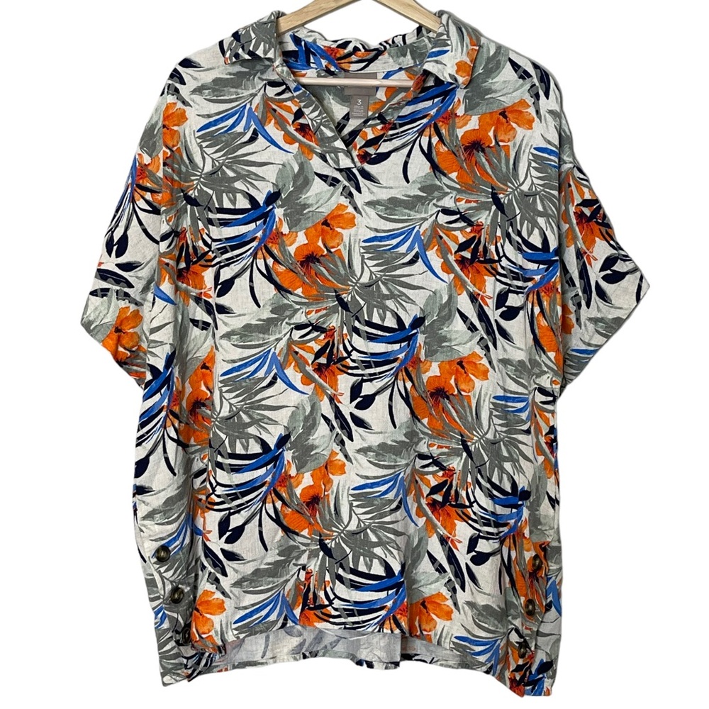 Chico’s Fiesta Palms Linen-Blend Popover Top Size XL Vacation Button